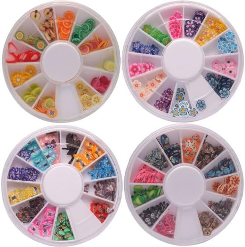 4 Wheels Combo Set 576pcs Nail Art Fimo Slices Tips Decal Pieces Accessories 3D DIY Decoration - Animal, Fruit, Butterfly, Flower Pattern