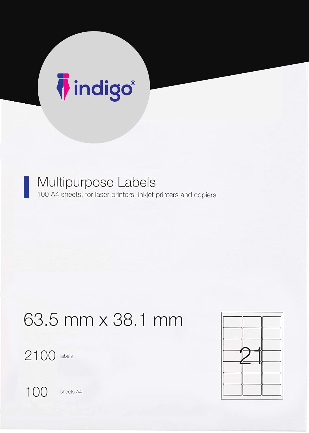 indigo® Multipurpose White A4 Labels - 100 Sheets per Box - Inkjet, Laser, and Copier (21 Label Per Sheet (63.5 x 38.1mm))