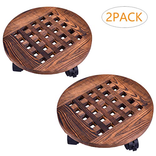 GeBot 12″ Inch Rolling Wooden Planter Caddy Potted Plant Stand with Wheels Round Flower Pot Rack Indoor Outdoor Planter Trolley with 360° Rotating Casters Rolling Tray Coaster Garden Pot Dolly