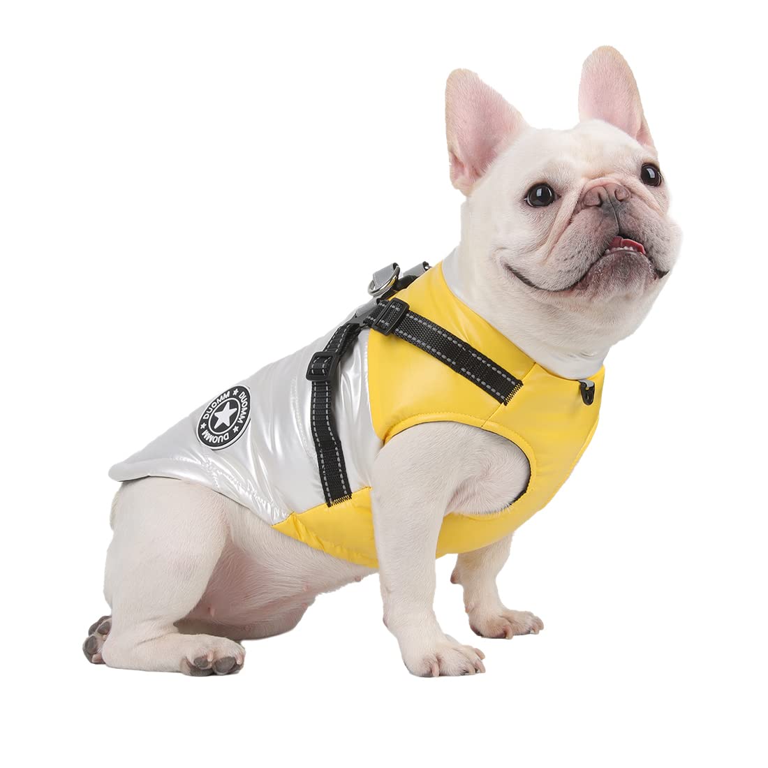 DoggieKit Dog Cat Coats Jackets Dogs Underbelly Harness attached Warm Vest Winter Reflective Cotton Outfit Clothes Safety Waterproof Pet Coat For Small Medium Large Dogs (XL, White)