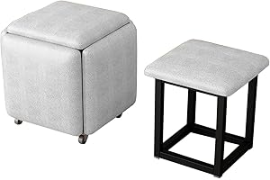 SMIXLVY 5 in 1 Nesting Pouf Stool Modern Upholstered Ottoman Poufs Footrest for Couch Vanity Makeup Chair Stackable Sofa Pouf Foot Stool Movable Footstool On Wheels Metal Frame Foot Rest for Bedroom
