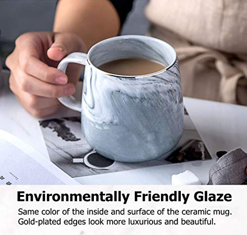 Ceramic Coffee Mug with Leaves Spoon, 13oz Marble Coffee Cup Unique Gift Mug for Wedding Birthday Party Christmas Gifts and Thanks Giving Mug Gift-Grey