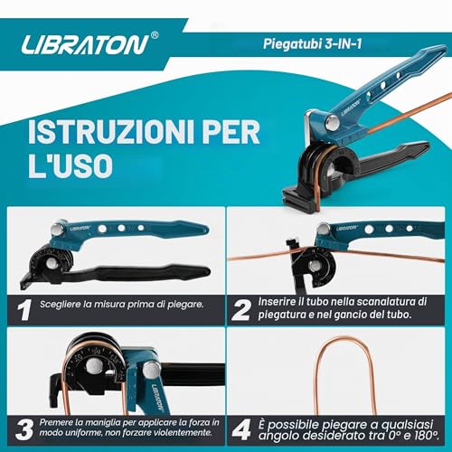 Libraton Manual Pipe Bender, 180 Degree Copper Pipe Bender, 3 in 1 Pipe Bender, for Bending the Pipe in Copper, Aluminium, Brass and Thin Steel for Repair of Air Conditioning System