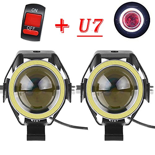 125W Motorcycle light Cree LED headlight U7 Fog Lamp Spotlight DRL Daytime Driving Lights Strobe Fashlight with white Angel Eyes Ring and ON/OFF toggle Switch(pack of 2)