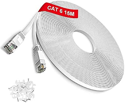 Câble Ethernet 15m Cat 6 Plat Câble Ethernet Réseau Haut Débit RJ45 Câble LAN Gigabit Ethernet 1Gbps 250MHz Haut Débit UTP câble de Patch Compatible avec Routeur Modem Switch TV Box, Blanc