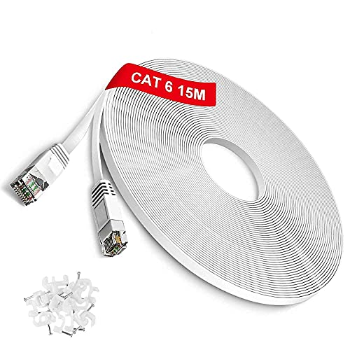 Cavo Ethernet piatto lungo 15 m, cavo di rete Ethernet Cat6 RJ45 ad alta velocità Lan Cable UTP Internet Patch Cable per modem, router, bianco