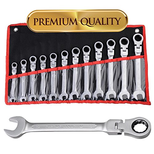 Koval Inc. 12 pc 8-19mm Flexible Reversible Ratcheting Wrench Spanner Tool Set (Silver)