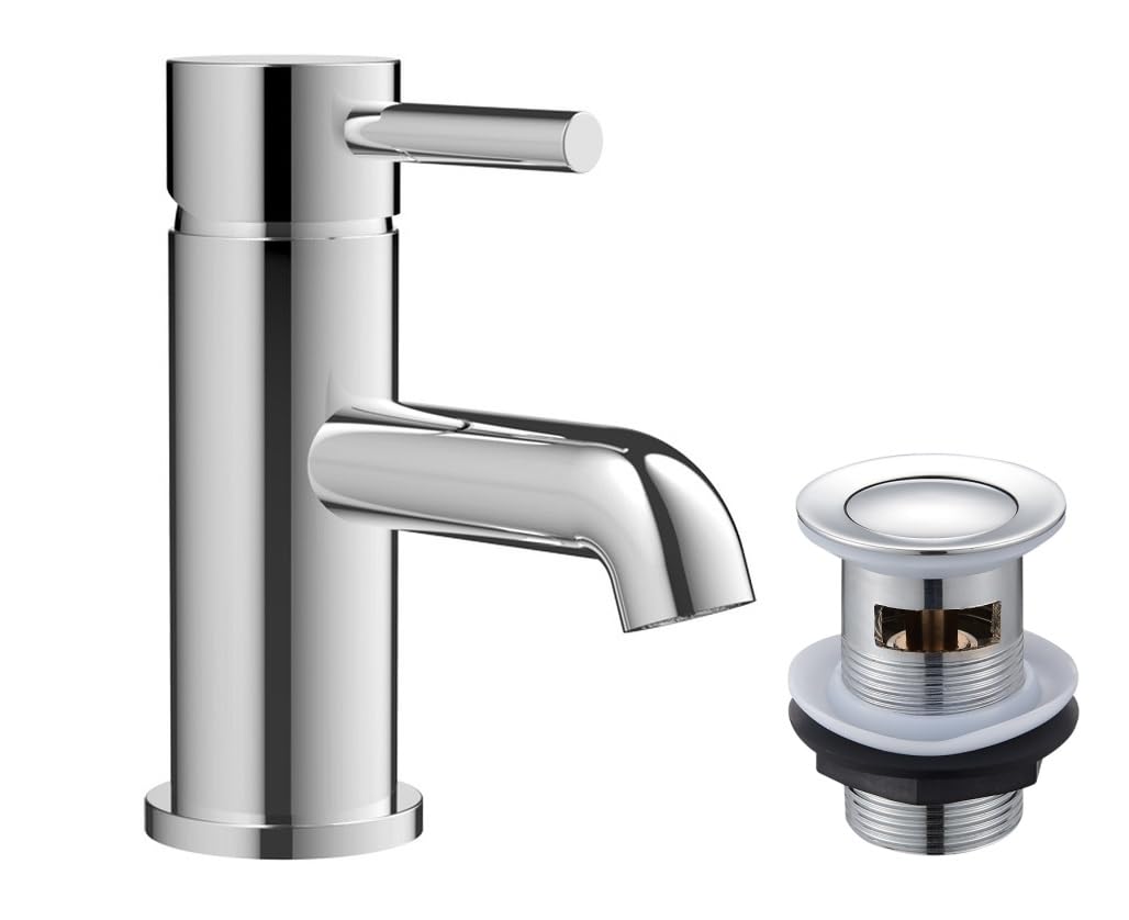 KINGBATH™ Mono Basin Mixer Tap with Click Clack Sprung Waste Bathroom Sink Hot and Cold Faucet Solid Brass Modern Chrome Easy to Fit/Install