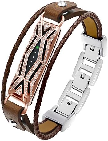 TENGL Compatible Fitbit Flex 2 Bands Bracelet, Adjustable Replacement Genuine Leather Braided Wristbands Metal Clasp with Rhinestone Large Small