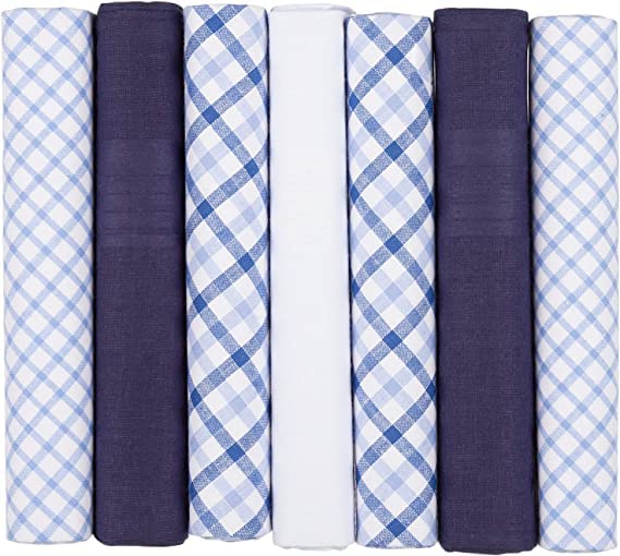 7 Pack Mens Handkerchiefs Navy Blue Light Blue and White Coloured Plain Plaid Check Mixed Gents Gentlemens 100% Soft Cotton Suit Pocket Hankies For Men - Supplied Boxed (Navy and Light Blue and White)