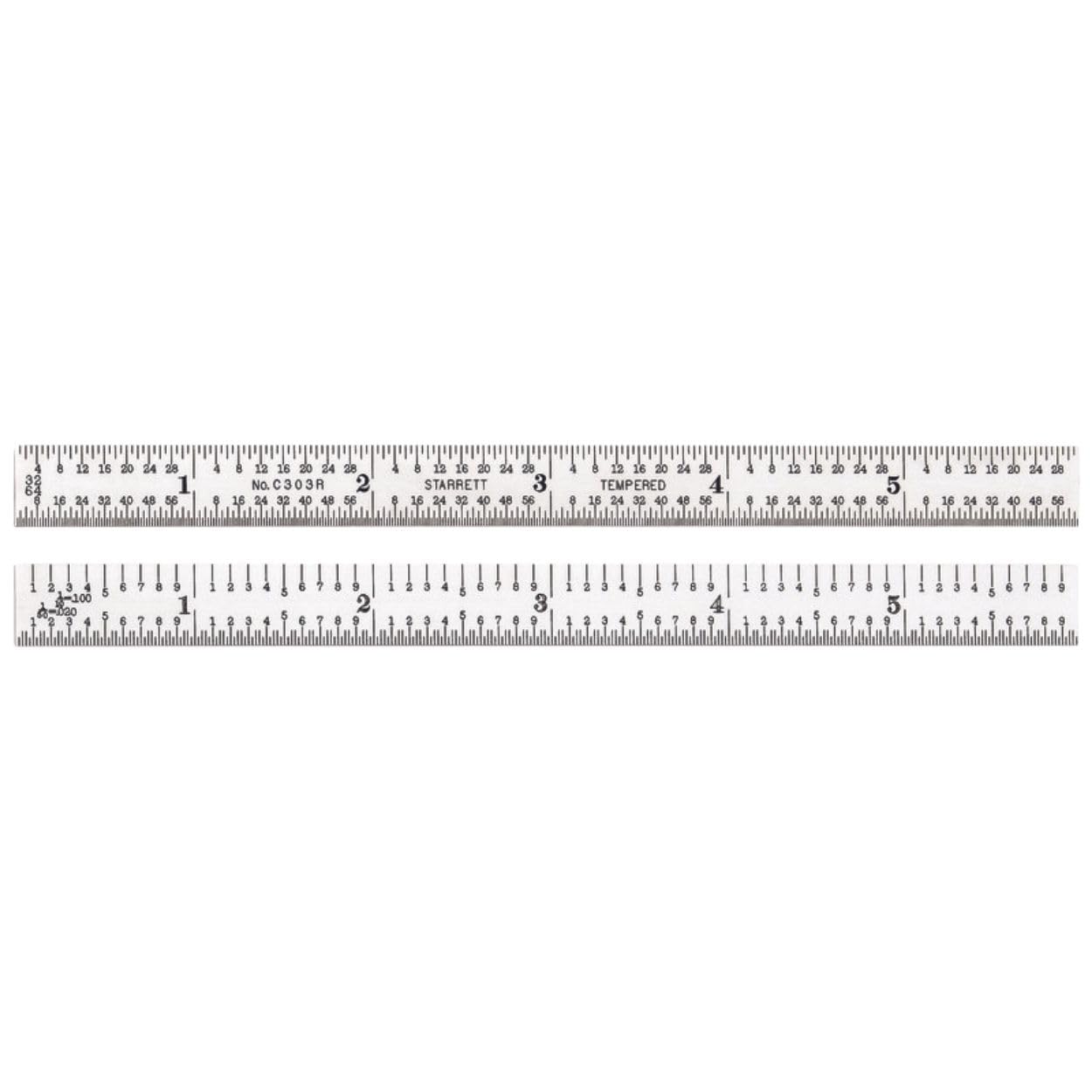 Starrett C303R-6 Full Flexible Steel Rule With Inch Graduations, 3R Graduations, 6" Length, 1/2" Width, 1/64" Thickness