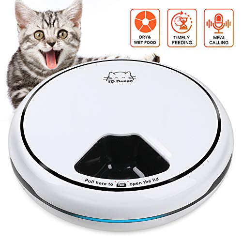 TDYNASTY DESIGN Automatic Cat Feeder, Dog Food Dispenser for Small Pets-Pet Feeeder with Voice Recorder, Portion Control,Distribution Alarms and Programmable Timer for up to 5 Meals per Day