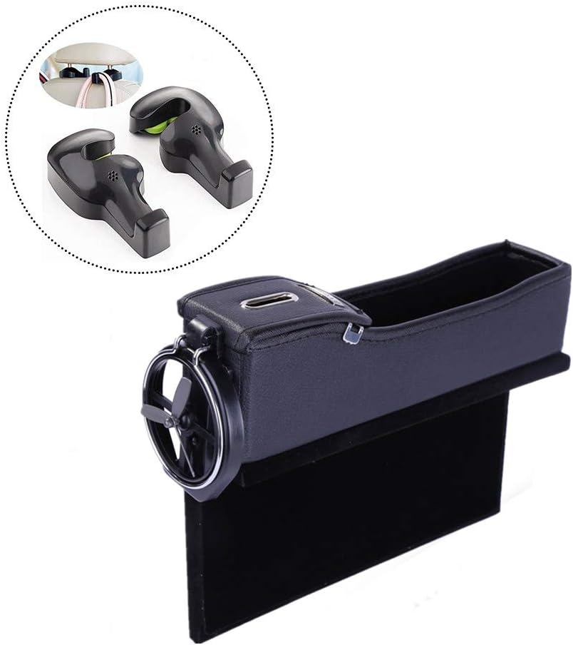 JAUTO Console Side Pocket, Coin Side Pocket, Car Seat Gap Filler Car Organizer with Cup Holder and 2-Pack Back Seat Headrest Hook(Driver's Seat, Black)