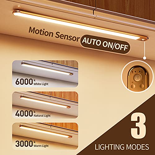 Under Cabinet Lighting Wireless Motion Sensor, LED Closet Lights Battery Operated, Stick-on Anywhere LED Under-Counter Light Fixture, Gold Closet Light for Kitchen USB 3 Colors Touch Control