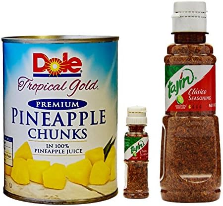 Premium Pineapple Chunks in 100% Pineapple Juice, Dole Tropical Gold Premium 20 oz. with Tajin Fruit and Snack Seasoning, 5.0 Oz. Plus Free Bonus 1 Mini Tajin to Go.