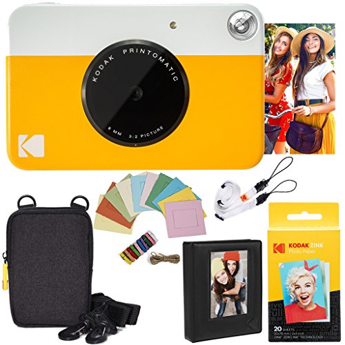 KODAK Printomatic Sofortbildkamera (Gelb) Paket + Zinkpapier (20 Blätter) Etui + Fotoalbum + Hängerahmen + Bequemer…
