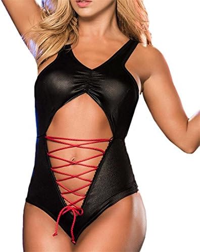 FairyDreamy Women Sexy Lingerie Sleepwear Patent Leather Bodysuit Pole Dancing Nightclub Clubwear One-Piece Swimwear Swimsuit (M, Black)