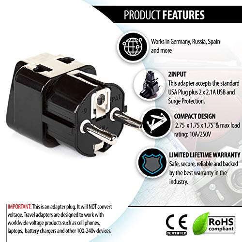 OREI 2 in 1 USA to Europe Adapter Plug (Schuko, Type E/F) - 2 Pack, Black - //coolthings.us