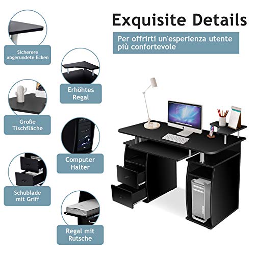 DREAMADE Laptoptisch Arbeitstisch Holz, Computertisch mit Schrank sowie Ablagefläche, Schreibtisch Bürotisch PC Tisch Beistelltisch (Schwarz) – Bild 4