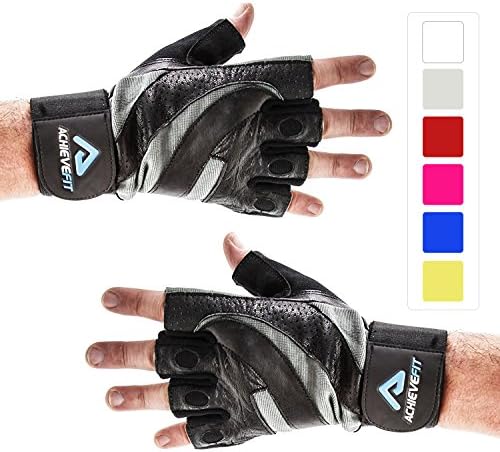 ACHIEVE FIT Weightlifting Gloves - Leather Palm for Fitness savvy Men  & Women Firm Grip, Control & Comfort for Weight lifting, Crossfit Training, Gym Workout - Standard or With Wrist Wraps (PAIR)