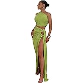 JUMISEE Women's 2 Piece Outfit Sexy Backless One Shoulder Crop Top Tie Side High Slit Maxi Skirt Beach Vacation Dress
