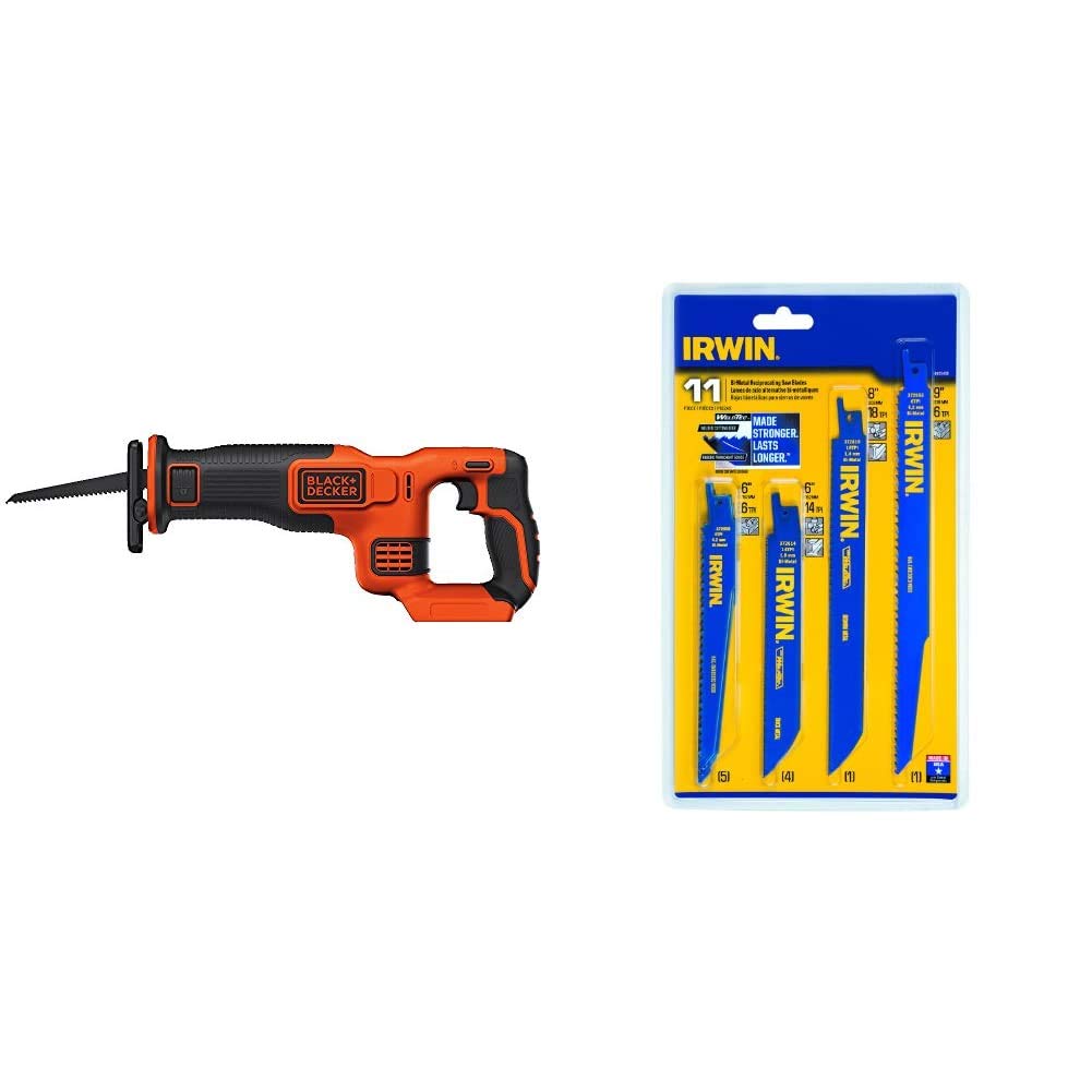 BLACK+DECKER 20V MAX Reciprocating Saw, Tool Only with IRWIN Reciprocating Saw Blades Set, 11-Piece 