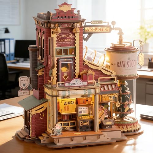 ROBOTIME 3D Holzpuzzle Geschenkfabrik Bausatz – Mechanisches Modell mit Musik & LED Licht, Retro Vintage Bastelset für Erwachsene & Jugendliche, EAB01