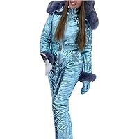 Women Winter Onesies Ski Jumpsuit Outdoor Sports Snowsuit Fur Collar Coat Jumpsuit with Hoodies Removable
