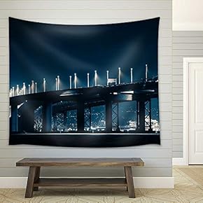 San Francisco Oakland Bay Bridge During Night Hours. Dark Blue Color Grading - Fabric Wall Tapestry Home Decor - 51x60 inches