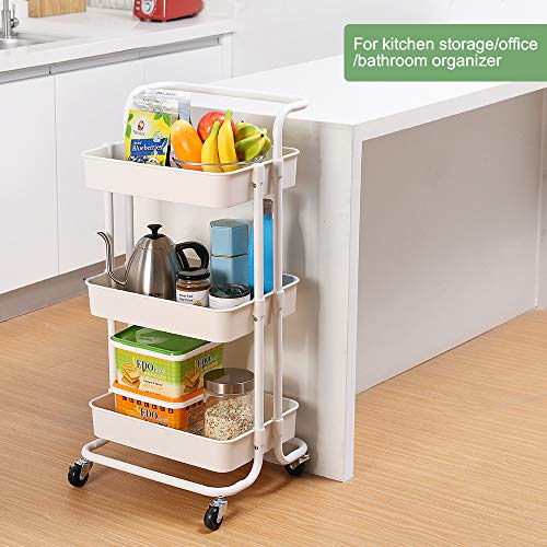 3-Tier Utility Cart, Kitchen Rolling Utility Cart Trolley Storage Shelves with Metal Tubes Lockable Wheels, Easy Assembly Food Service Mesh Basket Cart for Kitchen, Bathroom, Office Paint Storage - Thumbnail 6