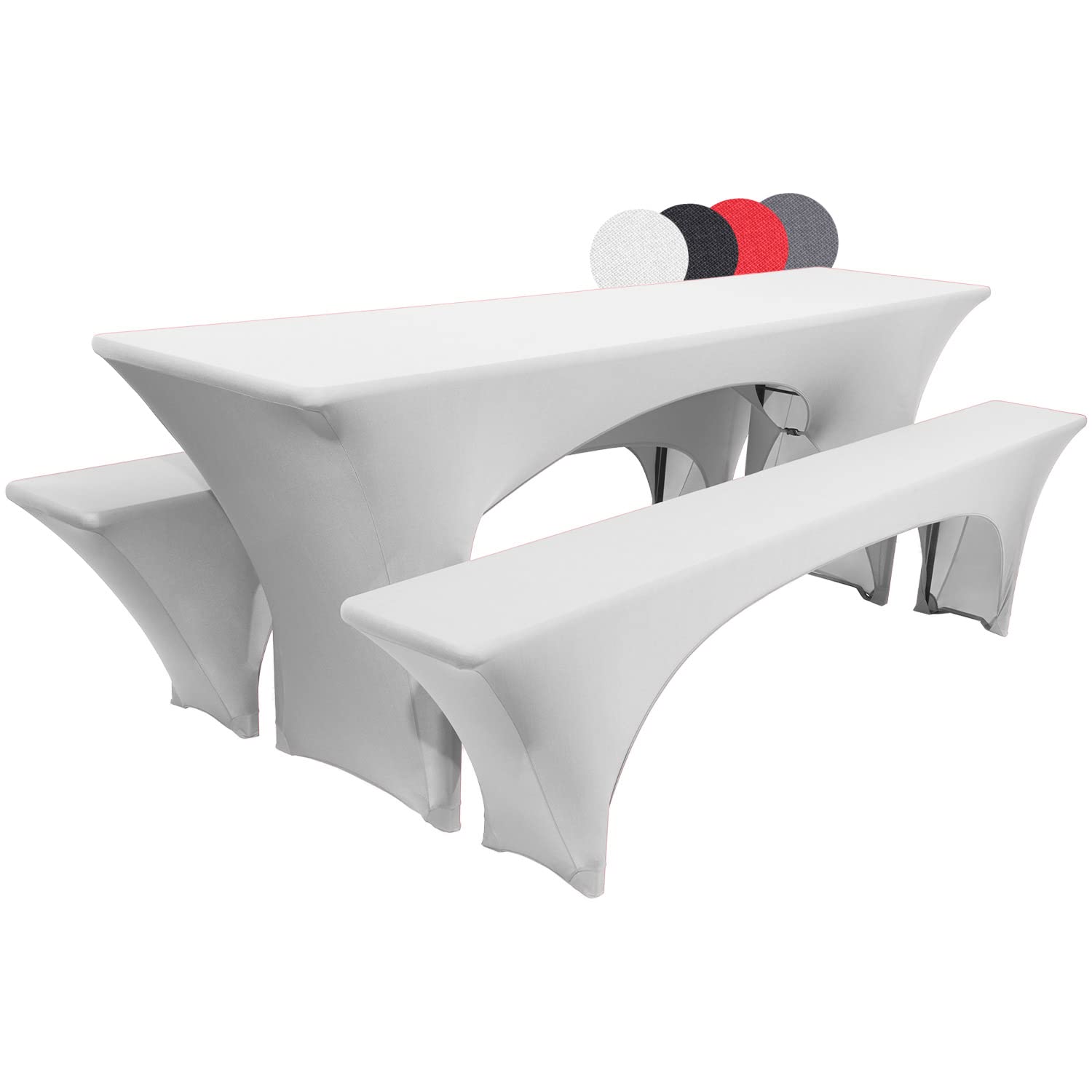 Beautissu 3pcs Stretch Tablecloth 220x70cm Victoria – Elasticated Table Cloth for Beer Trestle Table – Elegant Outdoor Table Cover + 2 Seat Covers - White