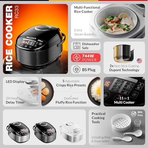 Feller Germany RC33 Digital Rice Cooker 3L (1L Rice Capacity) – 11-in-1 Multi Cooker, LED Display, Steamer, Timer & Non-Stick Pot – Electric Cooker (Black)