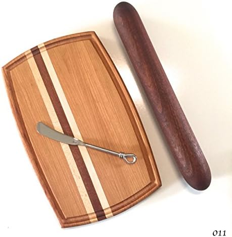 Mixed Wood Cheese Board and Mahogany French Style Rolling Pin Set w/Spreader (011)