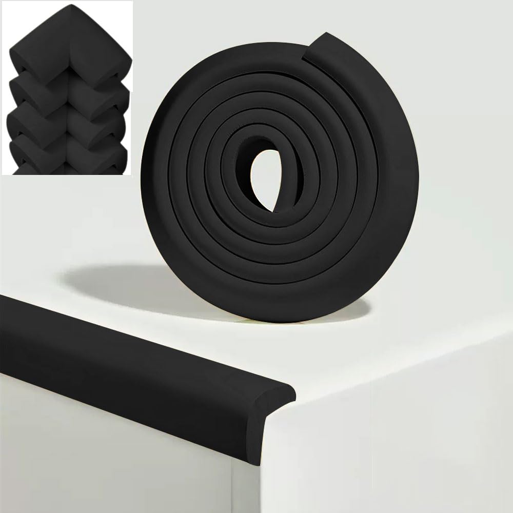 S&D, Baby Child Safety Edge & Corner Guards Protector Set, 2 meters / 6.5 Feet Edges & 4 Corner Guards Furniture Tables Bumpers Cushions Proofing set soft foam wires (Black)