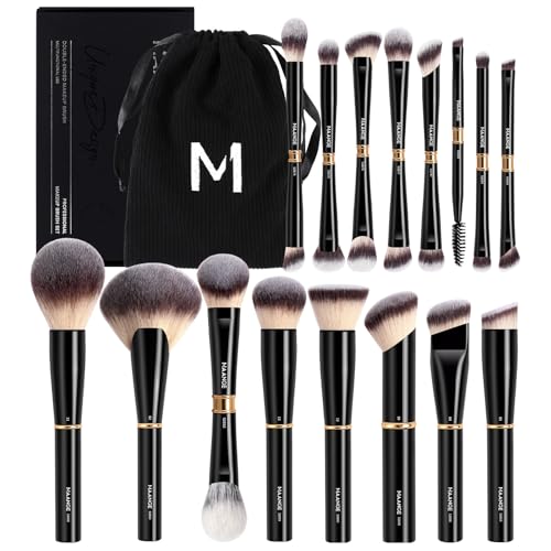 MAANGE Makeup Brushes 16Pcs Professional Foundation Powder Blush Contour Eyeshadows Double-End Makeup Brush Set with Pouch and Gift Box-Black