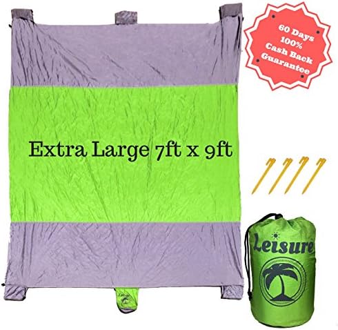 LeisureSport 7 ft x 9 ft Picnic Blanket Sand Proof Lightweight Extra Large Soft Quick Drying and Durable Parachute Nylon come with 4 stakes Great for Family Outdoor Hiking Camping (Meadow Green/Gray)