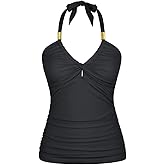 Hilor Women's Retro Halter Tankini Swimsuit Top Front Twist Swimwear Top Ruched Tummy Control Bathing Suit Tops