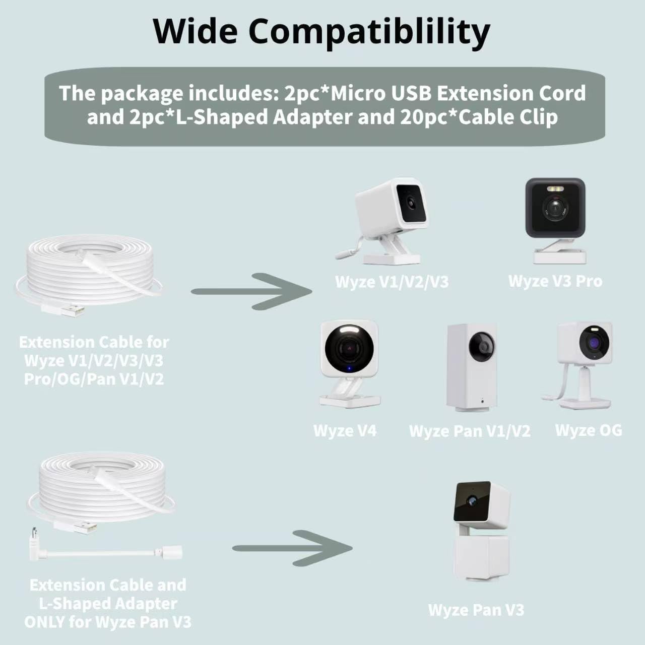 Micro USB Camera Extension Cable for Wyze, [2-Pack, 30ft] Power Extension Cord for Wyze Cam V4,V3,V2,Wyze Cam Pan,YI Home Camera,Nest-Cam Indoor,Oculus Go,Netvue,KasaCam,Furbo Dog,Blink