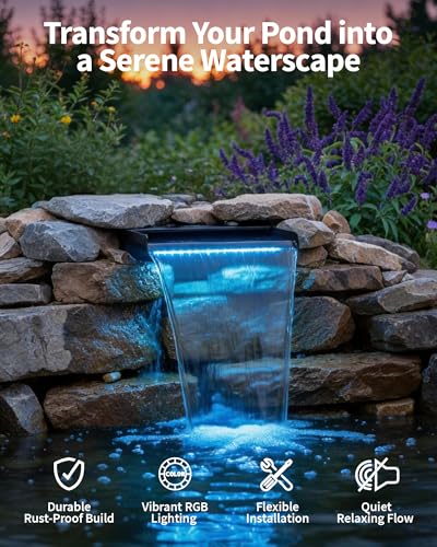 POPOSOAP 8" Pond Waterfall Spillway Filter Kit, 304 Stainless Steel Water Blade Weir with 7-Colour LED Lights & Remote, Quiet Pump, 9.84ft Hose for Garden Pond Water Feature
