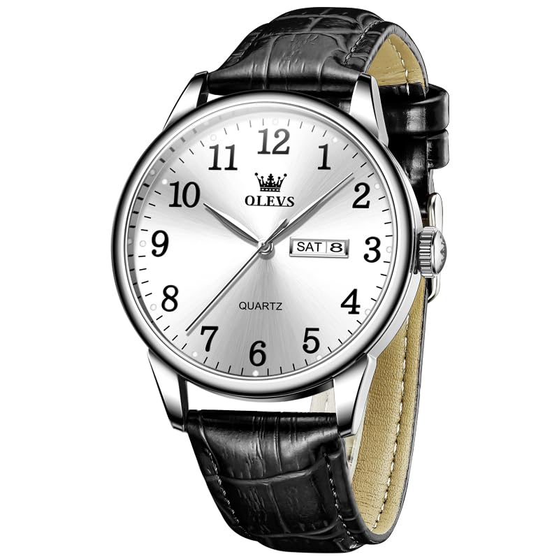 OLEVS Leather Watches for Men, Stainless Steel Analogue Quartz Watches Men, Classic Business Men's Dress Watch, Waterproof Luminous Day Date Wrist Watch Men