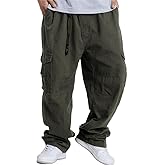 Kinghua Mens Baggy Cargo Pants Casual Loose Fit Elastic Waist Cotton Twill Cargo Pants