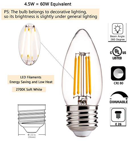 Dimmable LED Candelabra Light Bulbs 60W Equivalent E26 Base - FLSNT 4.5W B11 LED Chandelier Candle Light Bulbs,2700K Soft White, 450LM,CRI80-6 Pack