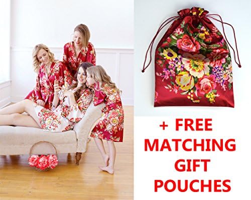 Silk Robes &amp; Gift Pouches - Floral Satin Kimono Robe, Bridesmaid Gift, Bachelorette Bridal Party Getting Ready, Wedding Favor (Plus Size (14-22 US), Dark Red)