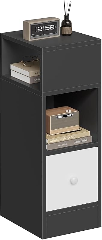 Mesita de Noche Estrecha Gris Oscuro con 2 Compartimentos y 1 Cajón, 25x30x66 cm, Mesilla Auxiliar para Dormitorio Pequeño y Salón Espacios Reducidos, Moderno Madera, 0010CTG