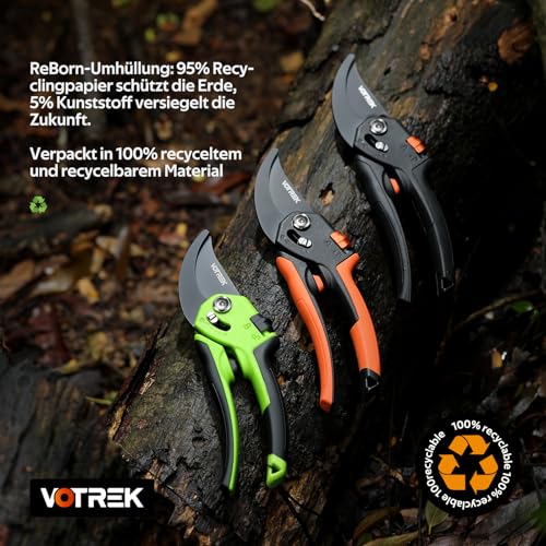 VOTREK 8.5 inch bypass secateurs with continuous handle opening, professional rose shears & pruning shears with SK5 steel and internal spring for effortless cutting - ideal for weak hand strength. Bracelet: Gift