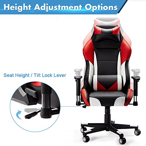 Sedia-Gaming-SLYPNOS-Gaming-Chair-Economica-di-Finta-Pelle-Alta-1315-cm-Inclinazione-fra-90-e-135-Portata-136-kg-Cuscini-Lombare-e-Testa-Amovibili-e-Flessibili-Rossa