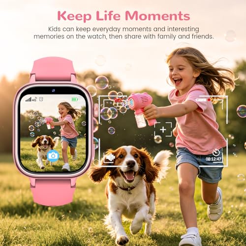 4G Smart Watch Children with GPS and Video Calling, Smartwatch Children with Calls, Voice Chat, SOS, School Mode, IP68 Waterproof, Pedometer, Alarm Clock, Camera, Gift Girls and Boys 4-15, Pink