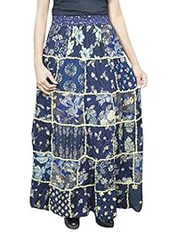 Womens Maxi Skirt Blue Gypsy Patchwork Printed Flared Long Skirts