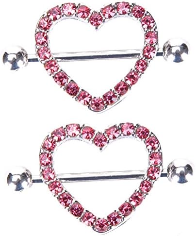 WOWOHE 316l Stainless Steel 14g Pink Gems Hearts Two Layers Nipple Rings Shields Body Piercing Sold As a Pair