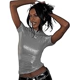 ANKOMINA Women Metallic Silver Crop Tops Short Sleeve Round Neck T Shirt Tee Blouse Y2k Clothes for Streetwear Night Club